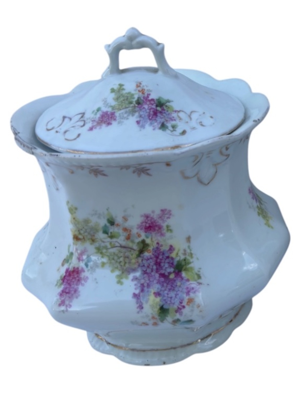 Antique RS Prussia Style Porcelain Biscuit Jar - Lilac Floral & Gold Trim